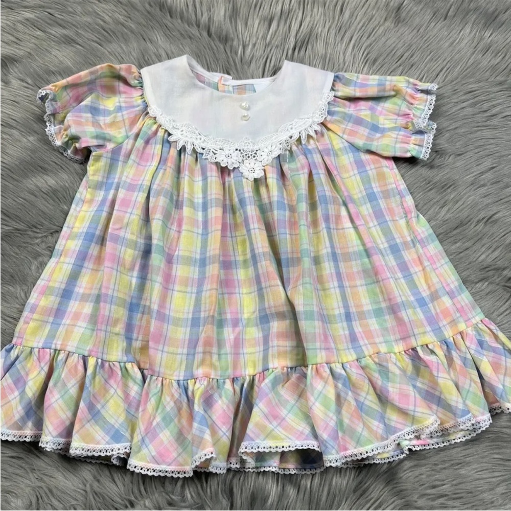 Vintage Nannette Baby Girls Dress Pastel Plaid Ruffle
